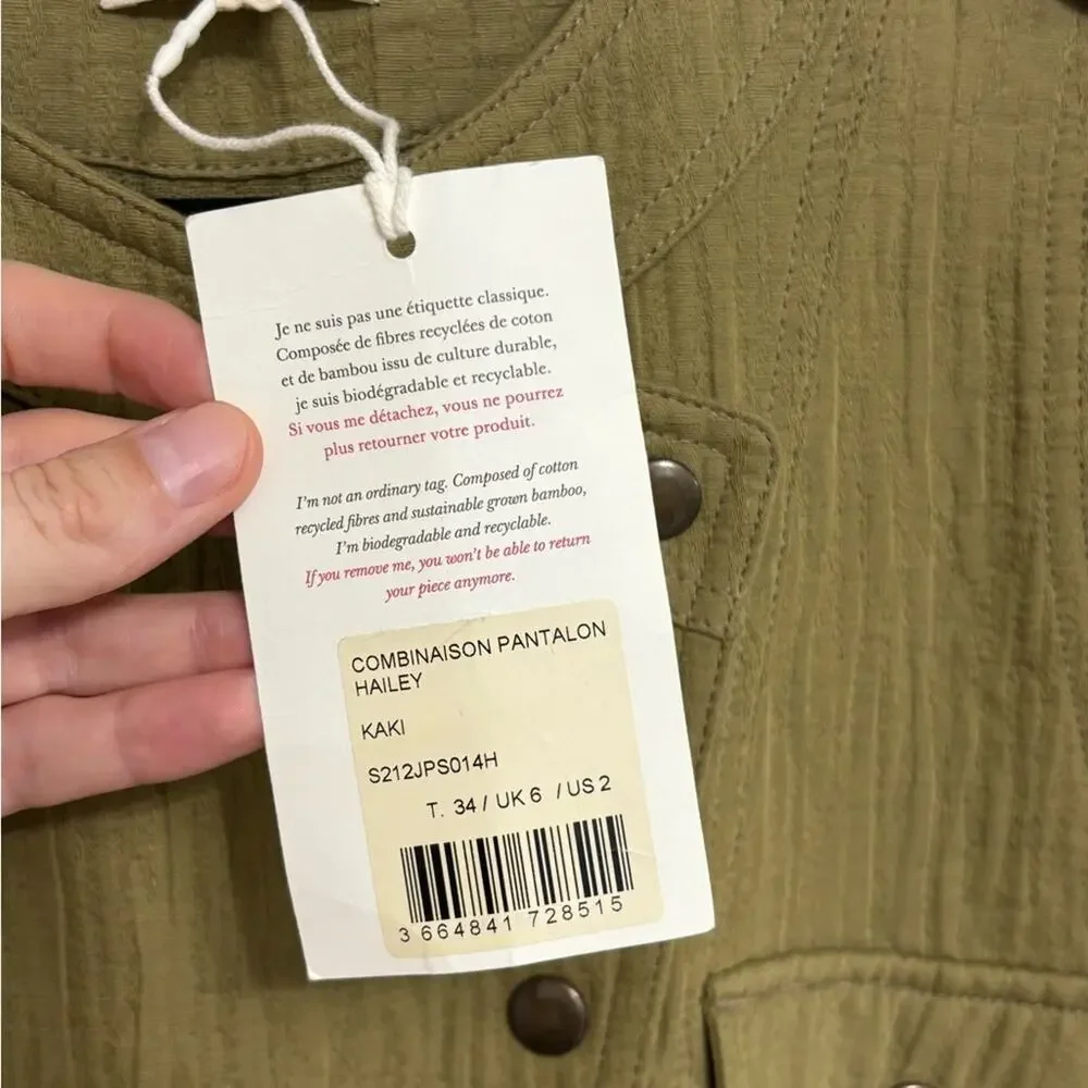 NWT Sezane Quilted Linen Cotton Hailey Jumpsuit in Olive Khaki - Size 34 (US 2)